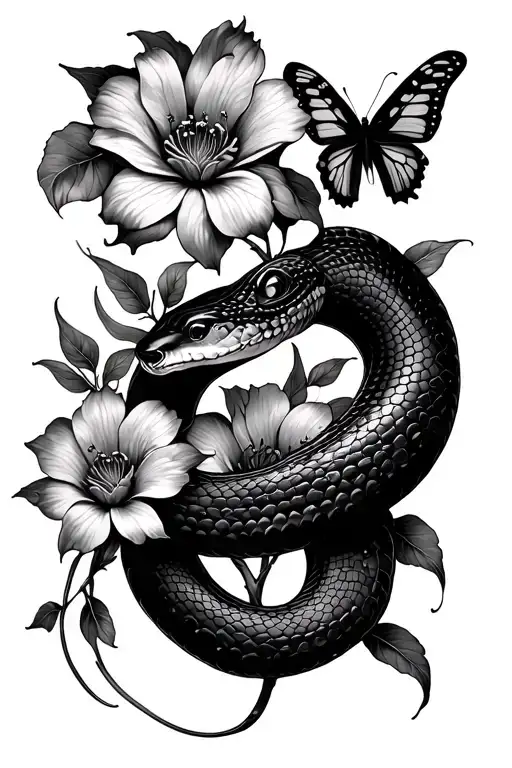 flowers,snake, butterflies tattoo design idea