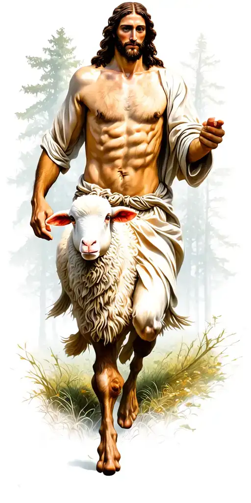 jesus running to lost sheep in woods  tattoo design idea