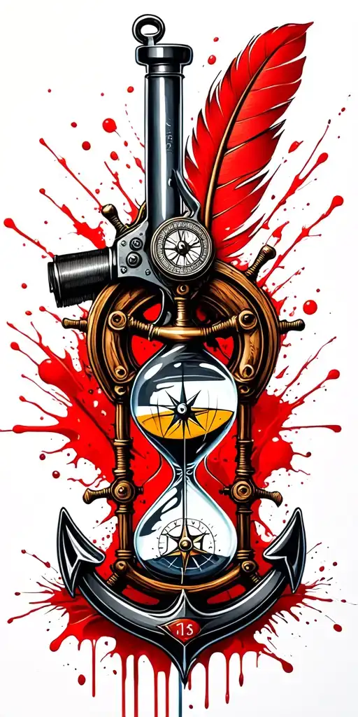 US Navy flintlock pistol, quill pen, nautical compass, fouled anchor, ship's wheel, hourglass, number 13 tattoo design idea