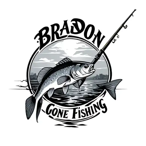 text saying bradon gone fishing with a fish and pole with a realistic look tattoo design idea