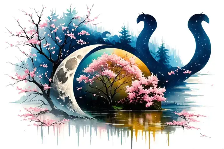 cherry blossom tree moon merging together river surrounded tattoo design idea