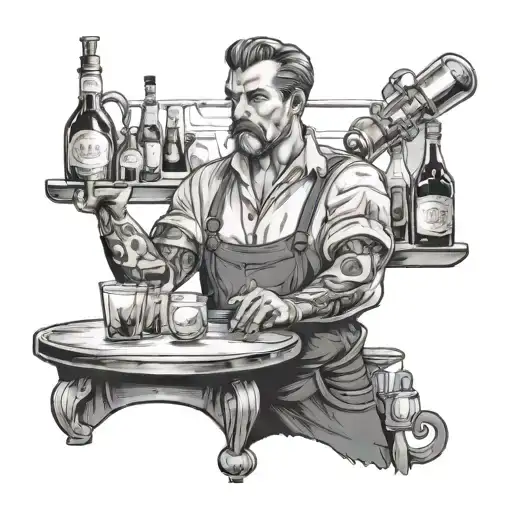 A black and grey tattoo of a bartender serving drinks in a fantasy setting tattoo design idea