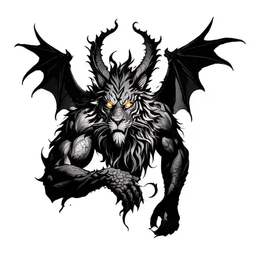 Dark fantasy tattoo of a shadowy humanoid beast with dragon wings, lion-tiger hybrid face, glowing eyes, and ancient arm tattoo design idea