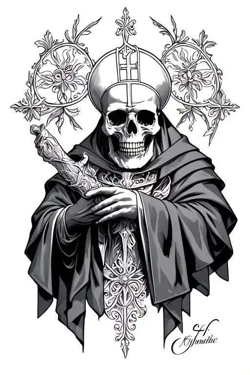 skull bishop in cathlic robe  tattoo design idea