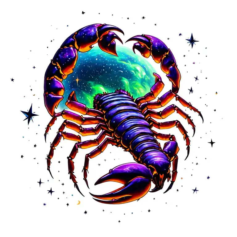 scorpio in space surrounded with star purple and green  tattoo design idea