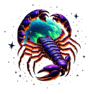 scorpio in space surrounded with star purple and green  tattoo design idea