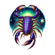 scorpio in space surrounded with star purple and green  tattoo design idea