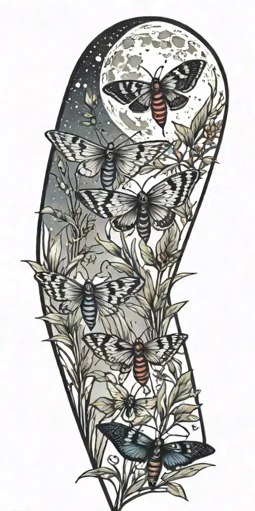 3 colorful moths in front of grass and full moon shining tattoo design idea