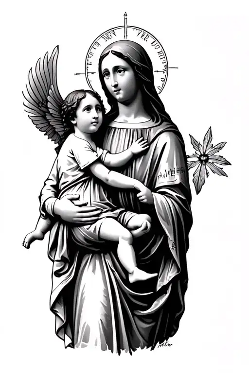 saint gabriel and saint mary holding child tattoo design idea