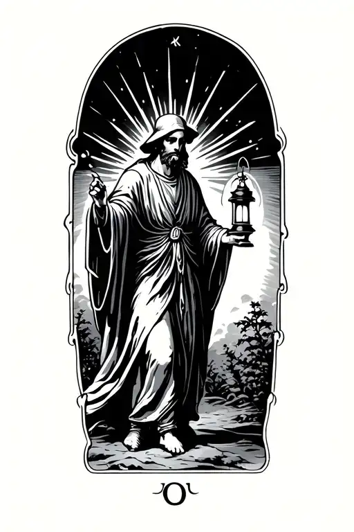 The hermit tarot card walking in darkness holding lantern with rays eminating tattoo design idea