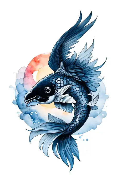 black koi head with phoenix wings tattoo design idea