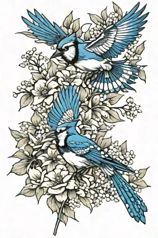 two blue jays flying over Lillie's and baby's breath tattoo design idea