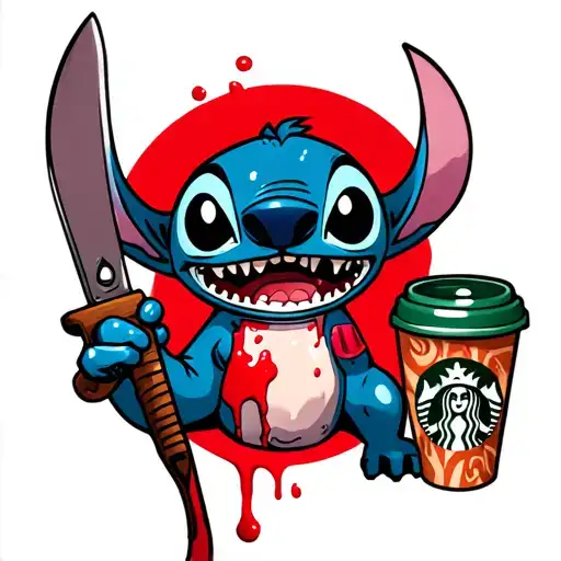 Stitch holding a bloody knife in one hand and a starbucks cup in the other  tattoo design idea