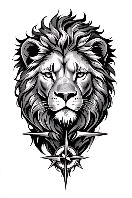 small lion head and compass rose blended together tattoo design idea