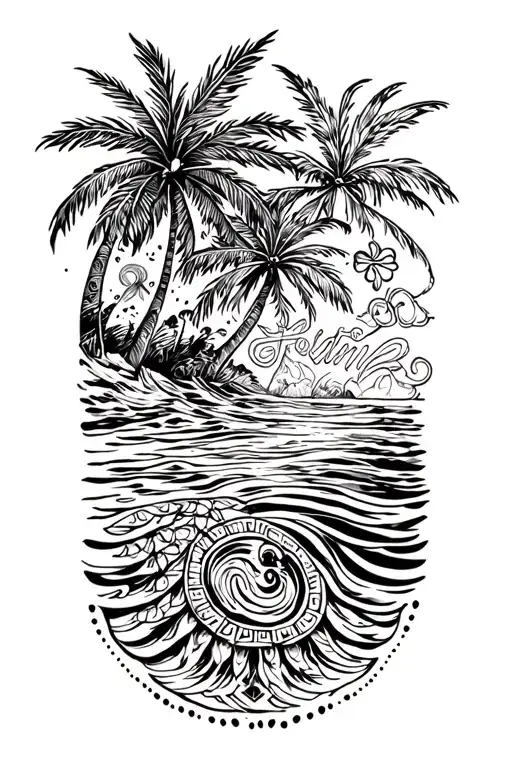 A design combining Polynesian symbols with imagery of the ocean and palm trees, representing the client's love for Hawaii and Guam tattoo design idea