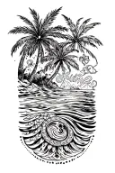 A design combining Polynesian symbols with imagery of the ocean and palm trees, representing the client's love for Hawaii and Guam tattoo design idea