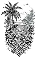 A design combining Polynesian symbols with imagery of the ocean and palm trees, representing the client's love for Hawaii and Guam tattoo design idea