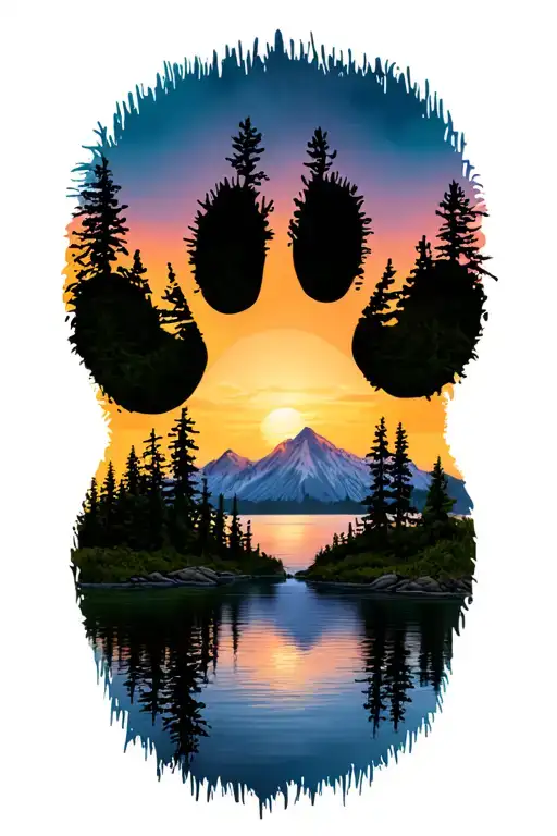 dog paw print with mountains and 15 trees colors sunset over lake tattoo design idea
