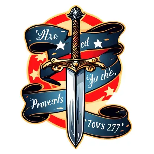 Sword upright, clean, polished with a soft glow behind it. Smooth, flowing banner with Proverbs 27:17  tattoo design idea