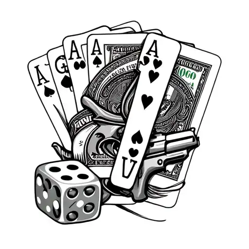 sleeve with money playing cards dice and guns tattoo design idea