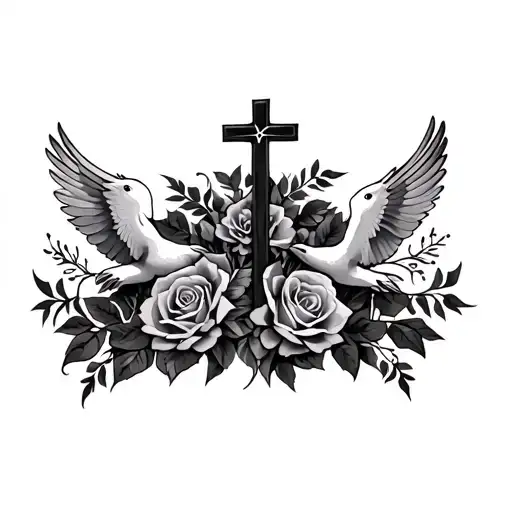 Realistic half sleeve from shoulder to elbow of cross, doves and roses tattoo design idea