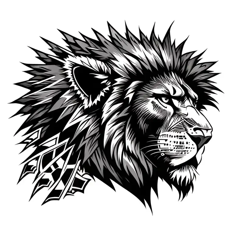 side profile of lion head wearing Aztec warrior realistic  tattoo design idea