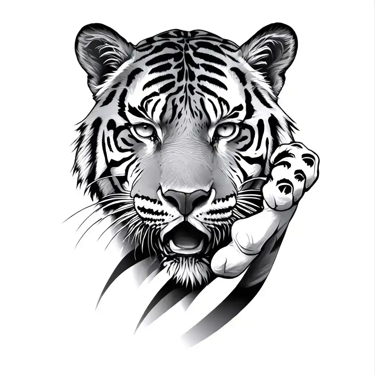 tiger reaching with paw half face morphing tattoo design idea