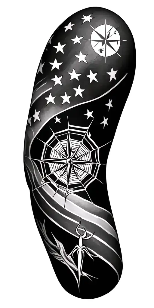 Country, patriotic, arm sleeve tattoos on both arms with a semi-colon, spider web on right elbow, compass on left elbow, tattoo design idea