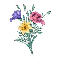 dainty fine line bouquet tattoo gladiolus, sweet pea, rose, daffodil with a little bit of color add purples pinks blues tattoo design idea