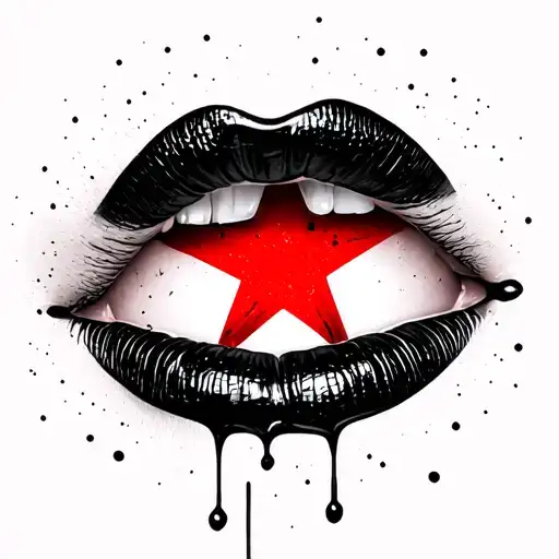 lips with dye inside and red star inside the eye. all black just the star red tattoo design idea