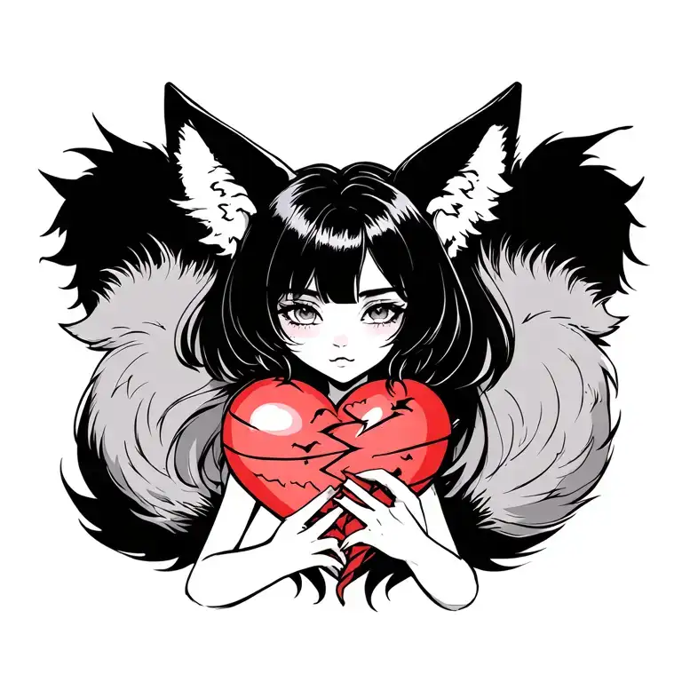 anime woman with fox ears stitching together a broken heart wrapped with fox tails tattoo design idea