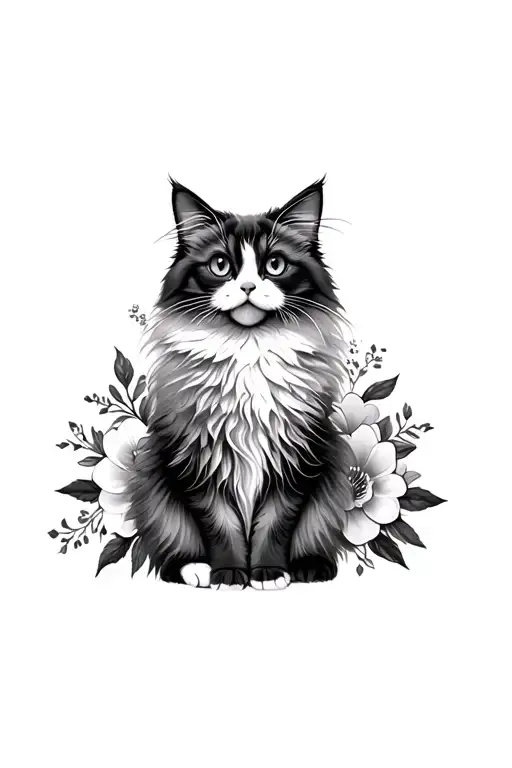 fluffy cat with floral ornaments tattoo design idea