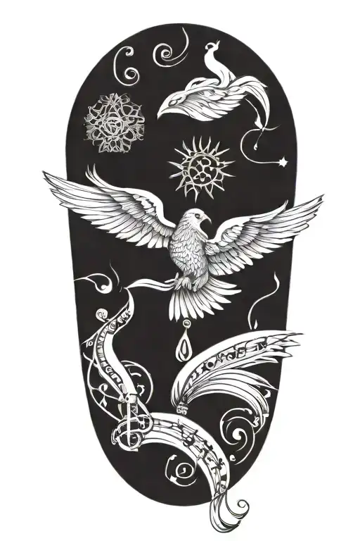 Incorporate a quill pen, book and musical notes intertwined with hindu tattoo design idea