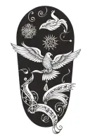 Incorporate a quill pen, book and musical notes intertwined with hindu tattoo design idea