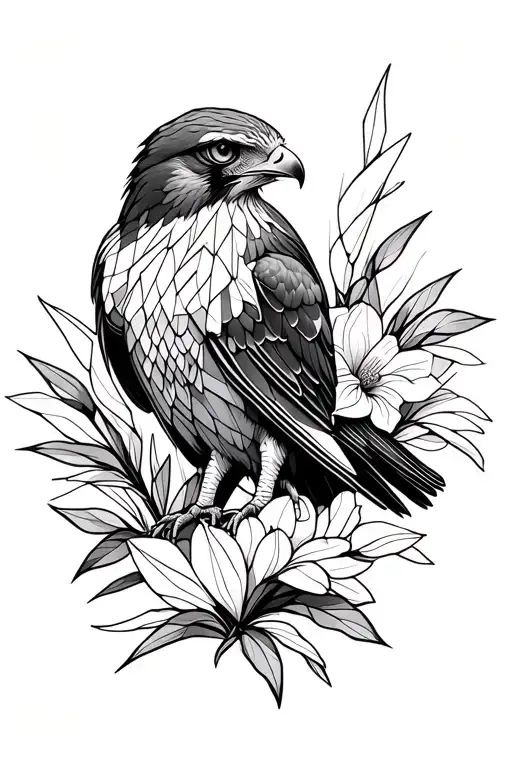 feminine geometric red tailed hawk narcissus flower tattoo design idea