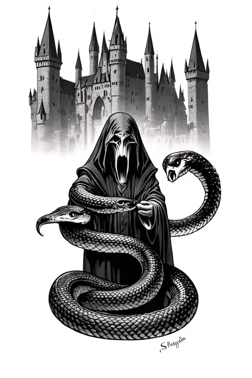 Hogwarts castle in the background, a Hogwarts letter a snake warped around it the Hogwarts Slytherin robe a dementor  tattoo design idea