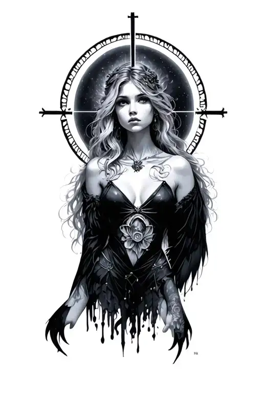 Fallen Angel cross halo cyber sigilism style beautiful woman tattoo design idea
