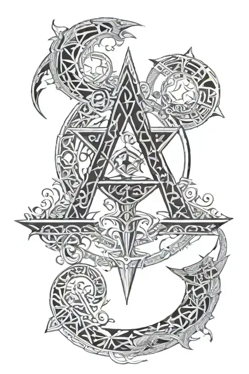The crescent moon, The pentagram, ankh, infinity symbol. Gothic style and satanic star. tattoo design idea