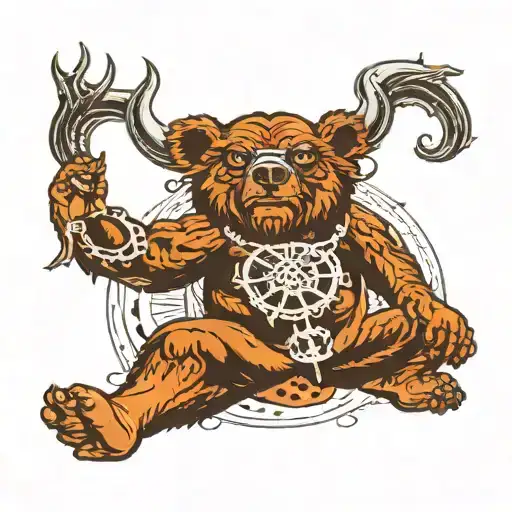 a human meditating in the middle on the left there is a bear and on the right there is a bull charging at the person  tattoo design idea