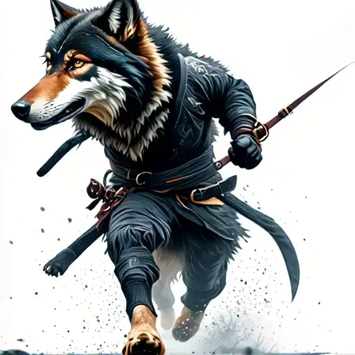 ninja in striking pose with wolf running ahead standing tattoo design idea