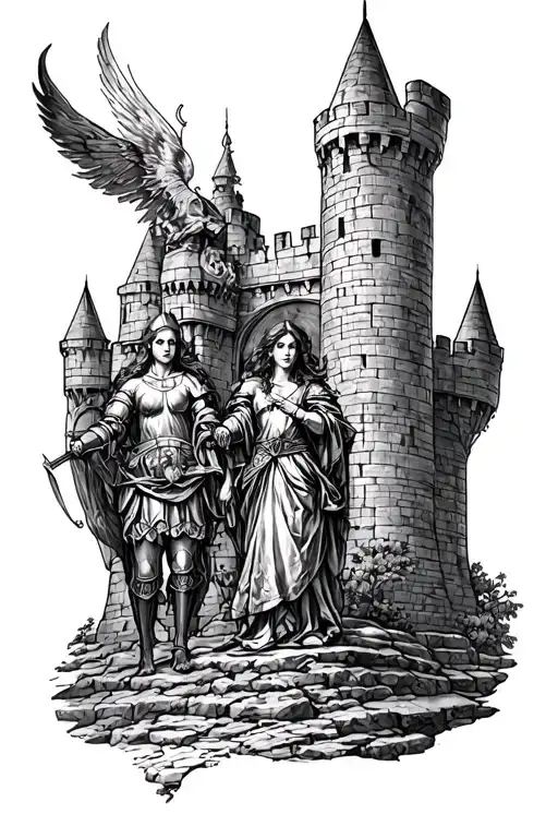 Draw a sketch of a tattoo in the Gothic style with novices of Themis so that there will be a castle of knights and girls tattoo design idea