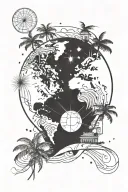 the world is yours with the globe and fireworks and palm trees and runway tattoo design idea