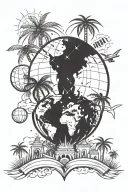 the world is yours with the globe and fireworks and palm trees and runway tattoo design idea