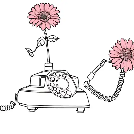 Vintage rotary dial phone with the handset hanging off the phone, with gerbera flowers coming out of the handset tattoo design idea