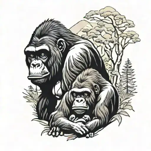 Gorilla family hiking tattoo design idea