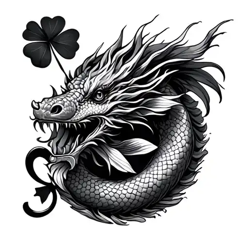  dragon, four leaf clover, horseshoe and japanese koi all in one tattoo design idea