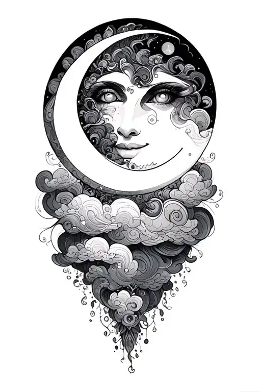 psychadelic clouds fantasy smiling moon tattoo design idea