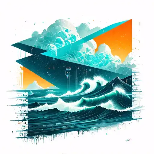 A Geometric Space Landscape Inspired By Technology Incorporating along with some ocean waves, a very lessAmount Of Cyan  tattoo design idea