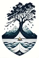 "Go, live and become!" A wave of the ocean, a tree, mountain, a drop of water, the wind with a tent, a campfire tattoo design idea