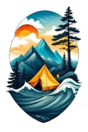"Go, live and become!" A wave of the ocean, a tree, mountain, a drop of water, the wind with a tent, a campfire tattoo design idea